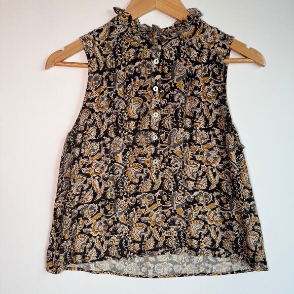 Faherty Faith Ruffle Sleeveless Blouse Small Neutral Popover Top Paisley Floral - Picture 2 of 12